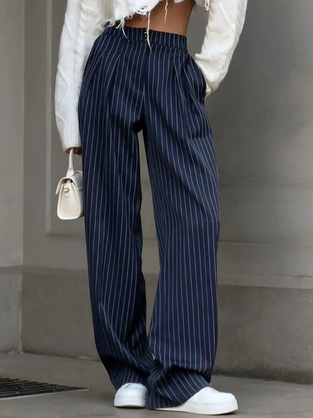 Forever 21 Navy Striped Wide Leg Trousers Fall Winter Casual Flowy